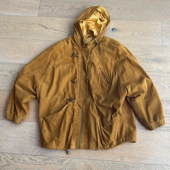 Vintage Italian brand mustard brown hooded zippedsoft suede leather jacket